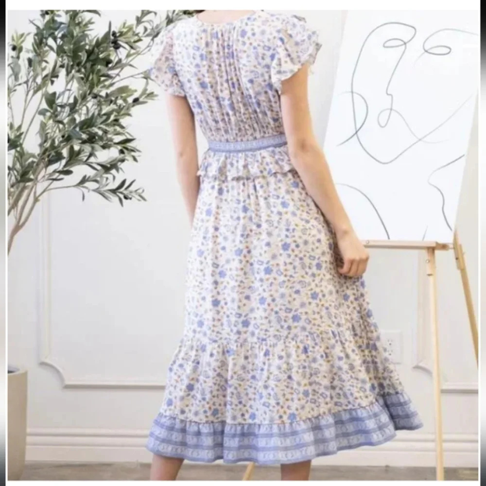 By The River Floral Blue and Cream Women's Dress - Picture 3 of 7